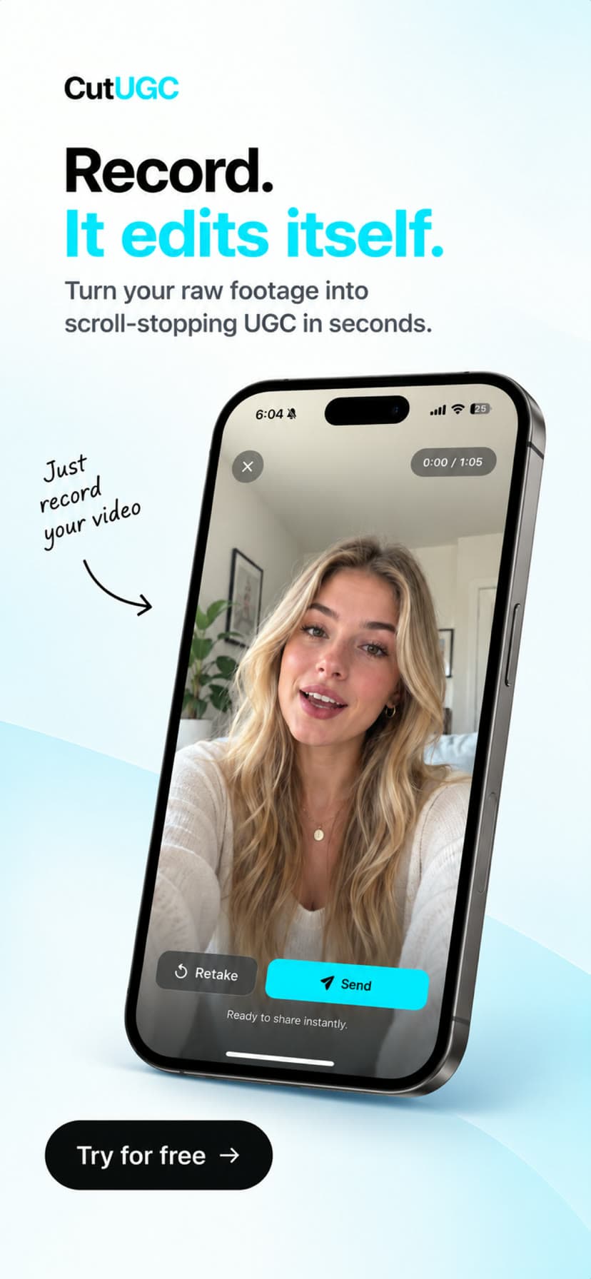 Record. It edits itself: recording a take in the CutUGC app